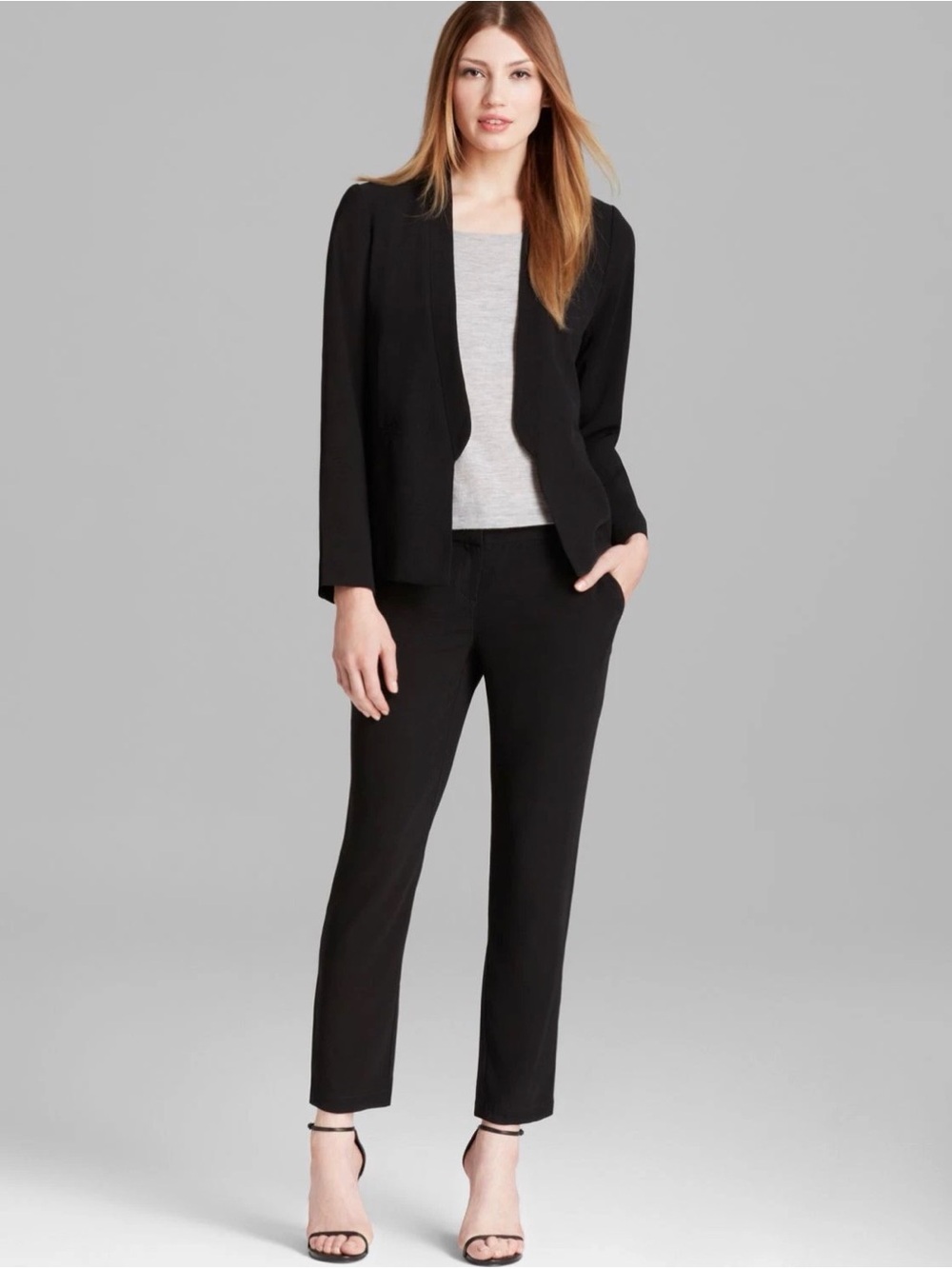 Eileen Fisher Black Open Front Blazer Jacket Size 6 Silk Lining